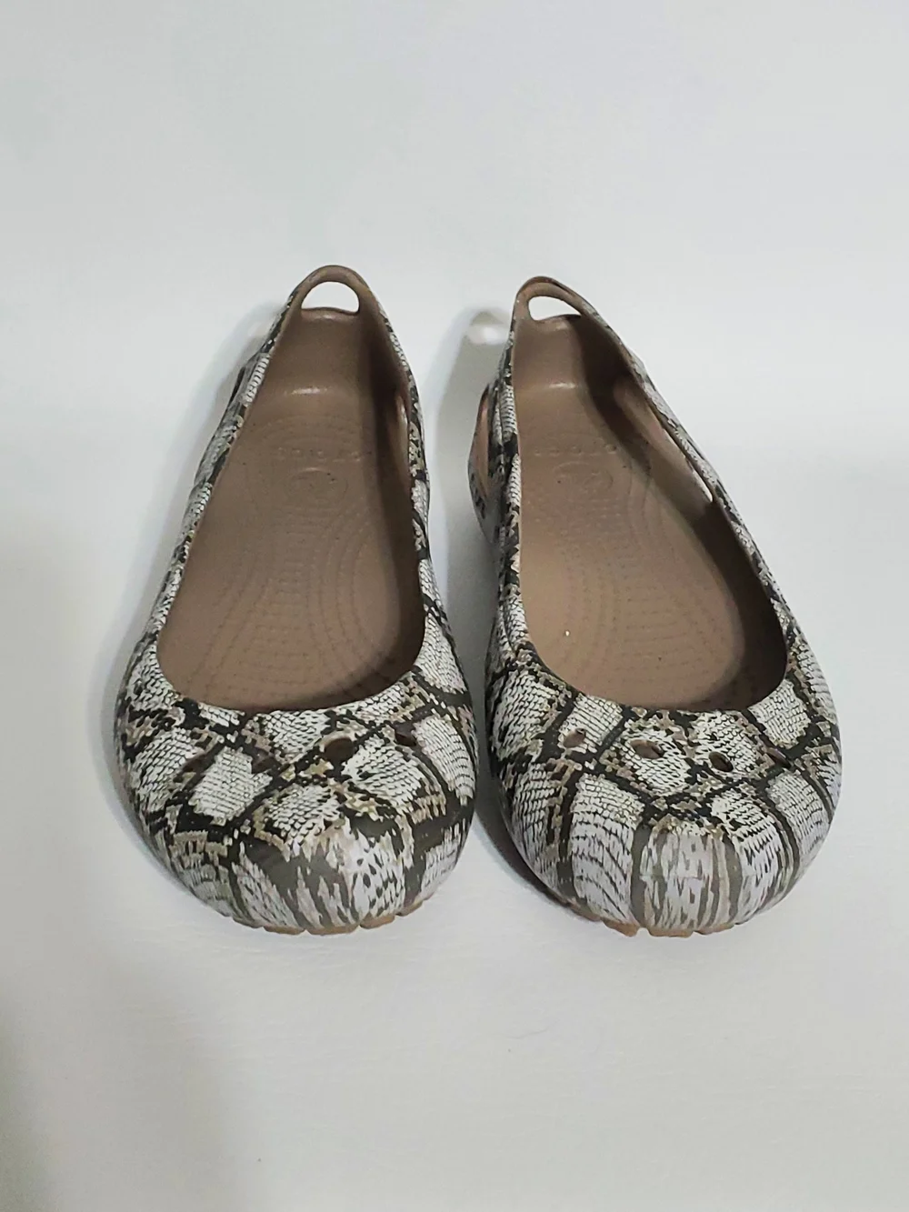 CROCS Women's Snake-Print Ballet Flats in Beige and Black Slip On Size 8